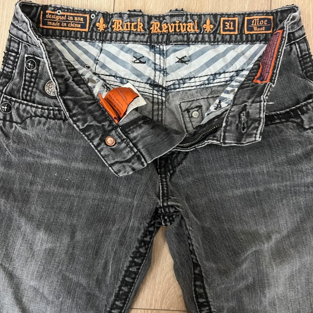 Rock Revival Moe Bootcut Jeans Faded Black Heavy Stitch.  Mens 31